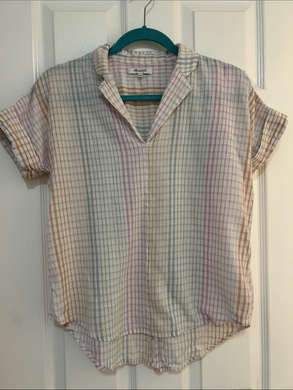 Madewell Short-Sleeve Cotton Plaid Shirt - Pastel Stripe